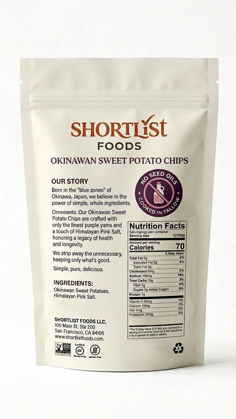 Shortlist Foods Okinawan Sweet Potato Chips – Cooked in Tallow, No Seed Oils - Himalayan Pink Salt – 5.3 oz